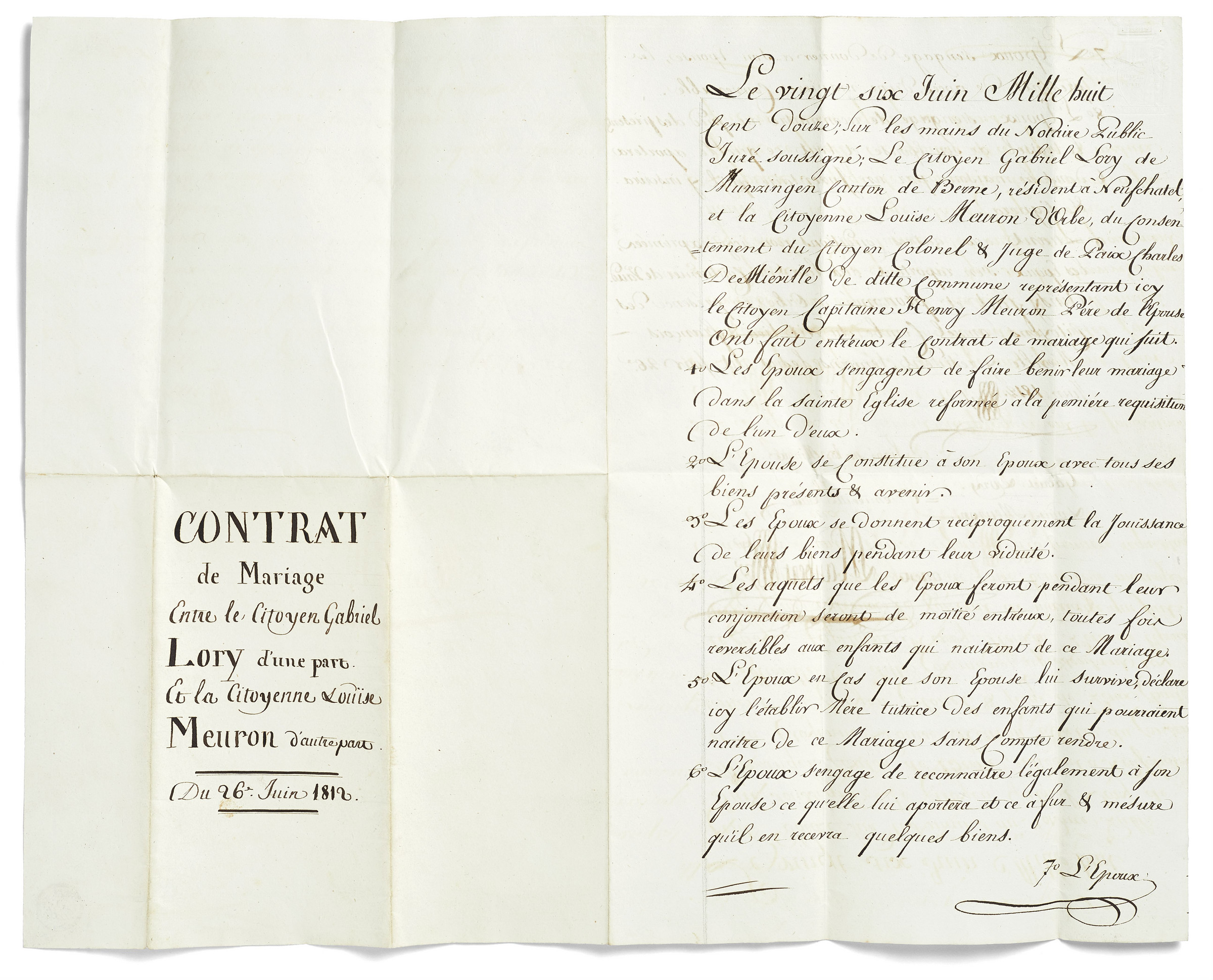 Contrat de mariage d'Henriette-Louise de Meuron et Gabriel Lory «Fils»