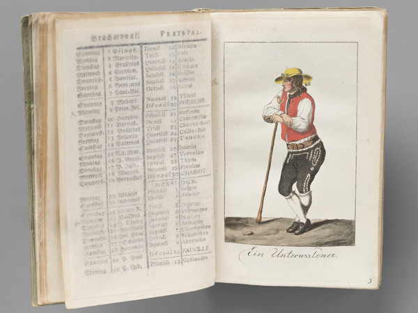 Figure masculine en pied portant le costume de la région d’Unterwald, s’appuyant sur un bâton, vue de trois quarts