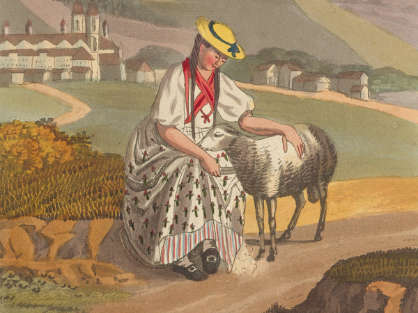 Femme assise portant le costume du canton de Schwytz, caressant un mouton, derrière elle un paysage avec le monastère d’Einsiedeln