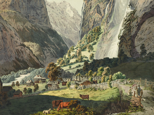 Vue de la cascade du Staubbach dans la vallée de Lauterbrunnen, avec au premier plan une mise en regard du costume traditionnel et des vêtements urbains