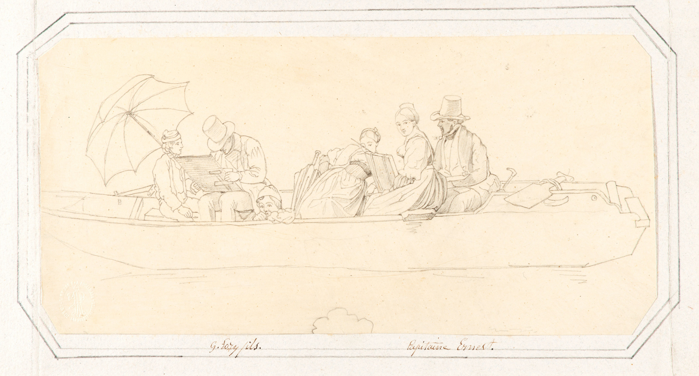 Dessin au crayon représentant des hommes et des femmes dans un canot
