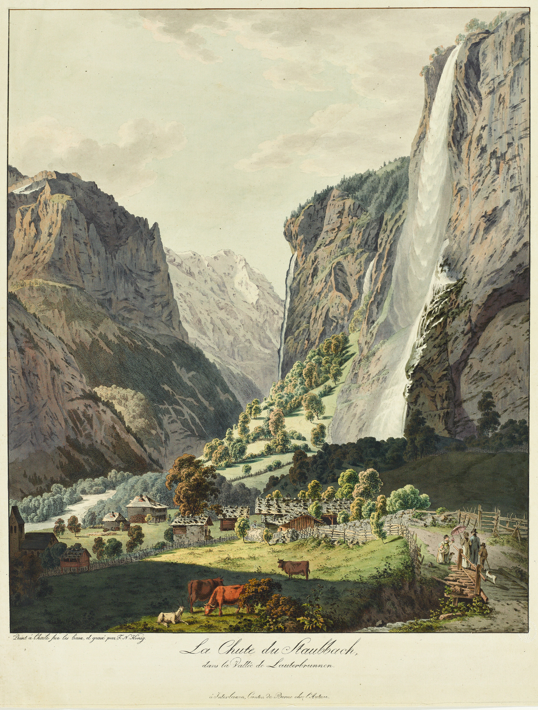 Vue de la cascade du Staubbach dans la vallée de Lauterbrunnen, avec au premier plan une mise en regard du costume traditionnel et des vêtements urbains
