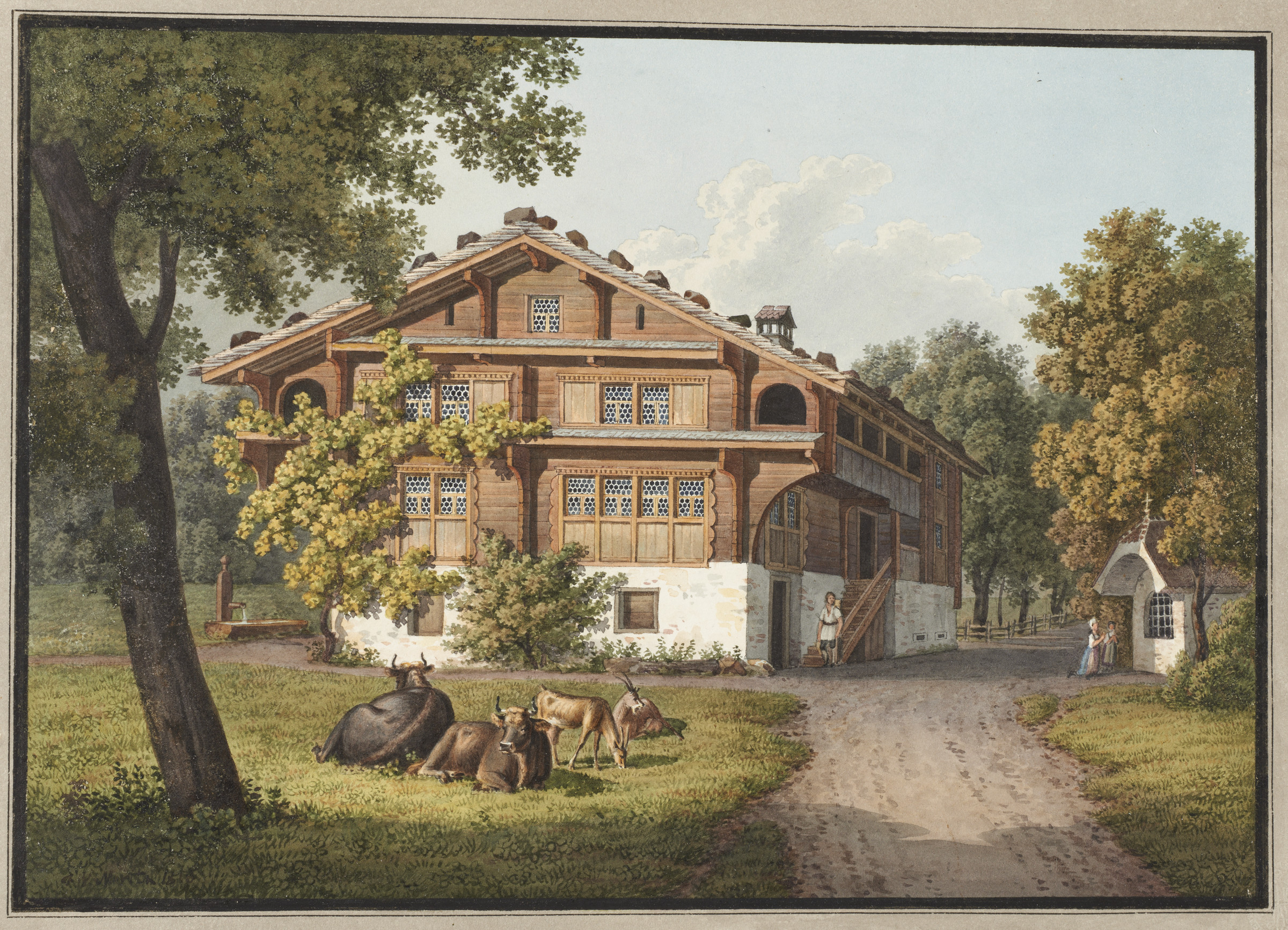Ferme, vue extérieure. Paysan ; chapelle