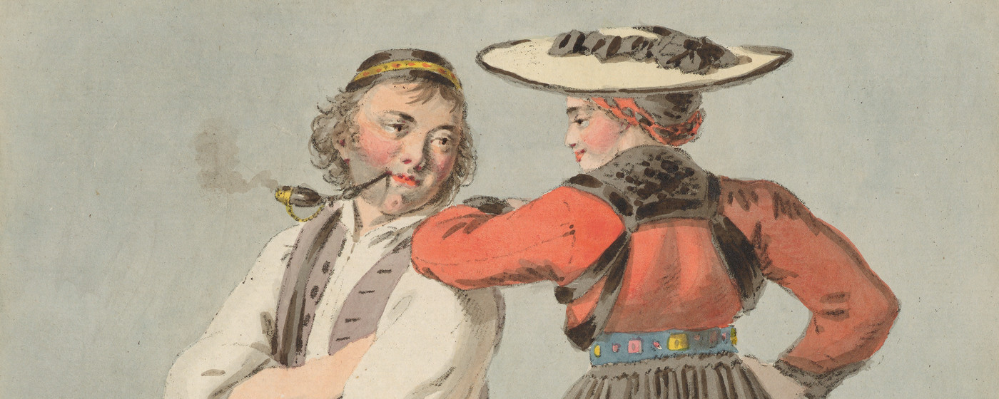 Homme en pied assis sur une brante à lait, femme en pied de dos, tous deux en costume fribourgeois