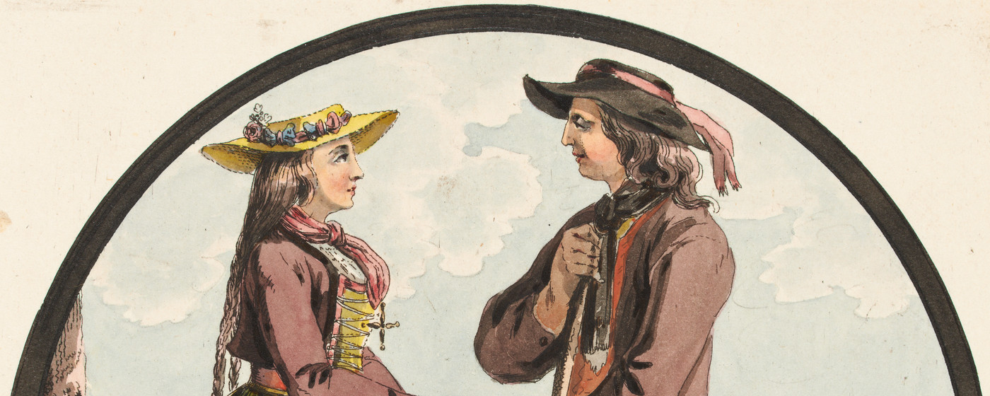 Deux figures en pied, un homme et une femme, portant le costume de Zoug, de profil, avec à l’arrière-plan une fontaine et des montagnes