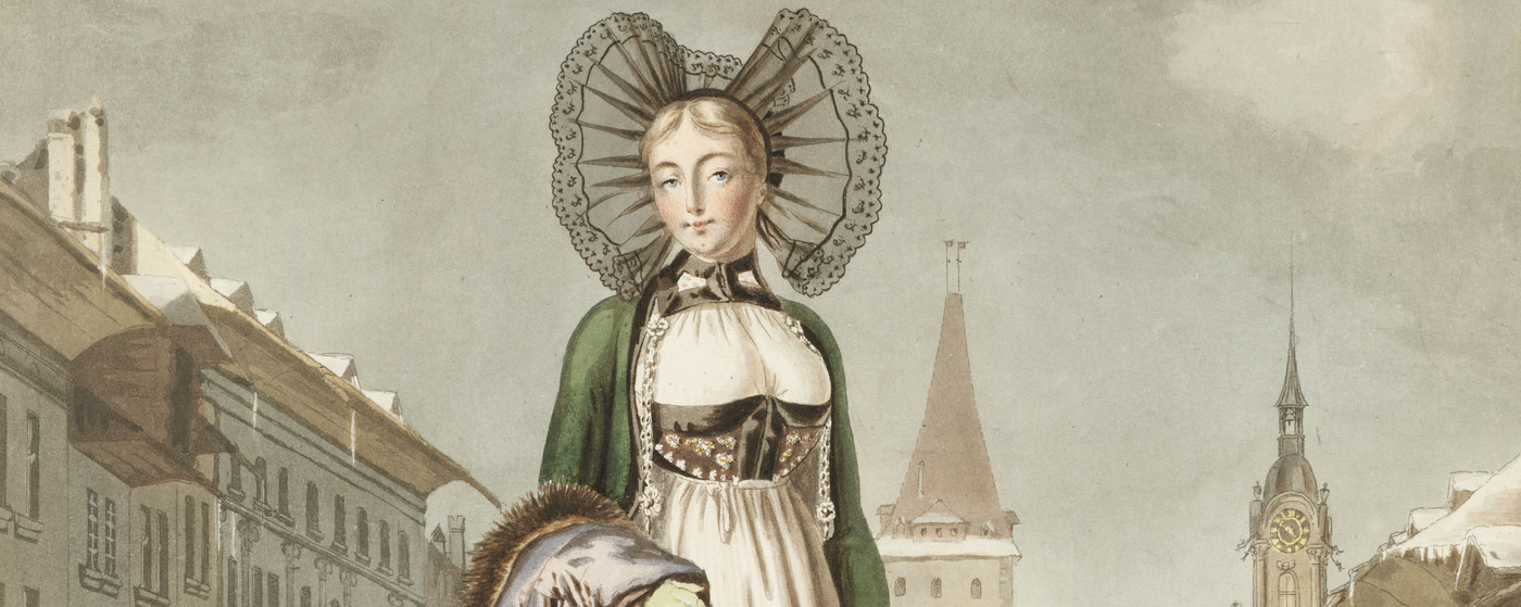 Femme en costume folklorique de Berne en hiver