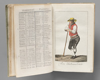 Figure masculine en pied portant le costume de la région d’Unterwald, s’appuyant sur un bâton, vue de trois quarts