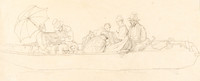 Dessin au crayon représentant des hommes et des femmes dans un canot