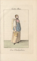 Figure féminine en pied portant le costume de la région de Meiringen, paysanne portant une brante à lait sur le dos, derrière elle un paysage avec cascades