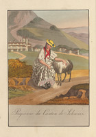 Femme assise portant le costume du canton de Schwytz, caressant un mouton, derrière elle un paysage avec le monastère d’Einsiedeln