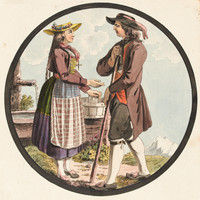Deux figures en pied, un homme et une femme, portant le costume de Zoug, de profil, avec à l’arrière-plan une fontaine et des montagnes