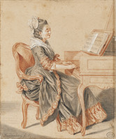 Jeune femme au piano en robe rococo