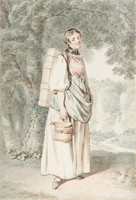Figure féminine en pied portant le costume de la région de Meiringen, paysanne portant une brante à lait sur le dos, derrière elle un paysage avec cascades