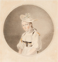 Figure féminine à mi-corps, portrait d’Elisabeth Grossmann, guide touristique, batelière sur le trajet de Brienz aux chutes de Giessbach, portrait identique au transparent