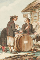 Deux hommes et une femme en tenue traditionnelle de Murten dégustent du vin sur un tonneau devant une auberge