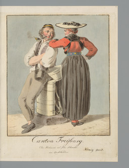 Homme en pied assis sur une brante à lait, femme en pied de dos, tous deux en costume fribourgeois