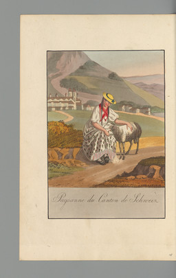 Femme assise portant le costume du canton de Schwytz, caressant un mouton, derrière elle un paysage avec le monastère d’Einsiedeln 