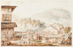 Place du Marché de Bex avec drapiers, vendeuses de poupées, légumes, animaux et bateleur